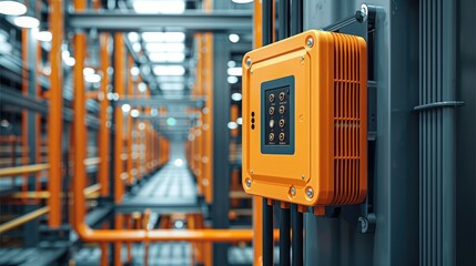 Leinwandbilder - orange colored computer hard drive mounted on a modern factory wall.