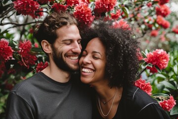 Portrait of a happy couple in love on a background of flowers