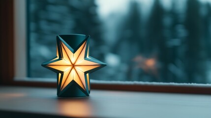 Poster - Elegant star-shaped lantern glowing warmly in a winter window, symbolizing the Star of Bethlehem for Three Kings Day, snowy forest visible outside 