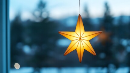 Poster - Elegant star-shaped lantern glowing warmly in a winter window, symbolizing the Star of Bethlehem for Three Kings Day, snowy forest visible outside 