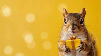 Sticker - Excited squirrel holding a tiny Christmas present on a glowing gold-to-yellow gradient background 