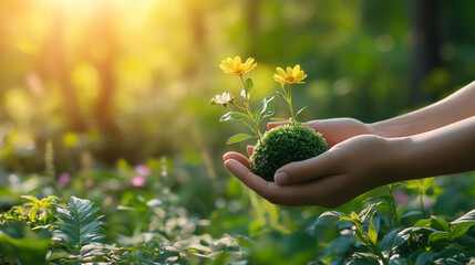 two hands gently cradle a vibrant green earth against a soft, blurred green bokeh background, symbol