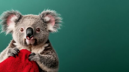 Poster - Festive koala hugging a Christmas stocking on a eucalyptus-green to mint gradient background 