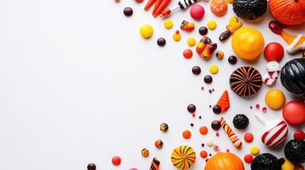 Halloween candy composition on white background with space for text