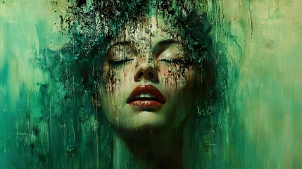 Wall Mural - Woman's Face in Abstract Green Painting