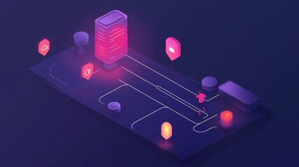 Create an isometric illustration depicting the user journey, featuring various stages and interactions within a dark gradient background.
