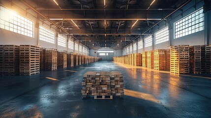 Poster - Freight pallet stacked on the floor in empty warehouse.