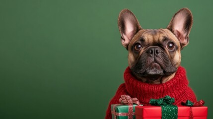 Wall Mural - French bulldog in a Christmas elf costume with presents on a green-to-red gradient background 