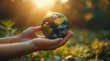 Two hands gently cradle a vibrant green Earth against a soft, blurred green bokeh background, symbolizing environmental care, global unity, and sustainability