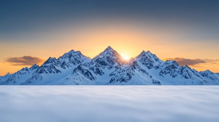 Wall Mural - Glorious winter sunrise over snow-capped mountains with untouched snowfields and soft light on the peaks 