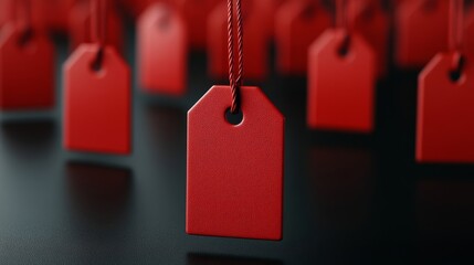 Poster - Glowing red 3D sale tags hanging from invisible strings over a matte black background for Black Friday ads 