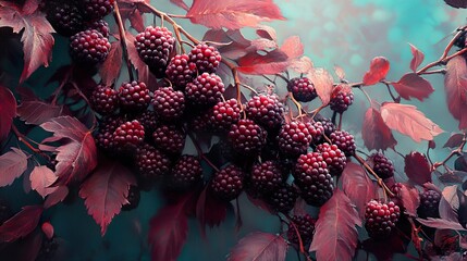 Canvas Print - Close-Up of Ripe Blackberries on a Vine with Red Leaves