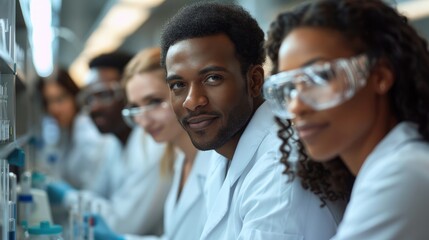 Aufkleber - Diverse group of scientists from different countries working for research, development, and testing together in a lab to develop a new medicine.