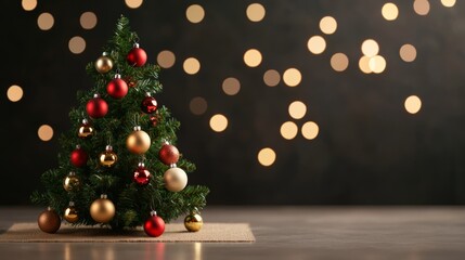 Wall Mural - Golden-lit Christmas tree with bright ornaments on a plain burlap canvas backdrop, floating soft bokeh lights 