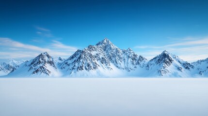 Wall Mural - Jagged snow-capped mountains rising from a tranquil snowy valley under a soft pastel-colored winter sky 