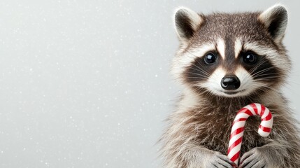 Canvas Print - Joyful raccoon holding a candy cane with twinkling stars on a snowy white-to-gray gradient background 