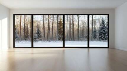 Wall Mural - Large modern window showcasing a sunlit snowy forest, golden rays filtering through the trees, snow softly glowing in the peaceful winter morning 