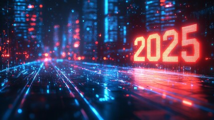 Poster - A vibrant cyber grid showcasing the year 2025 illuminated at night with neon lights