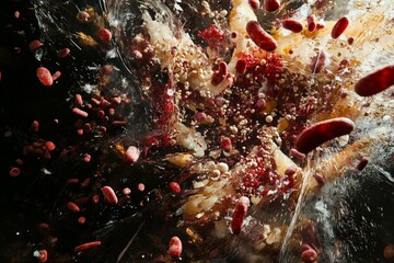 Poster - An explosive burst of colors and textures with various small objects flying through the air, captured in a striking and energetic freeze-frame photography style.