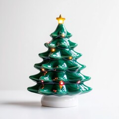 Wall Mural - Mini ceramic Christmas tree with hand-painted details and glowing lights isolated on white background 