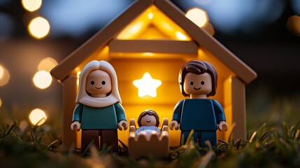 Sticker - Minimalist nativity scene with simple figurines of Mary, Joseph, and Jesus, glowing star and soft light filling the stable 