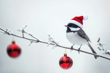 A joyful chickadee wearing a Santa hat sits atop a frosty branch with red baubles, encapsulating the festive, wintery feel of the holiday season through nature.