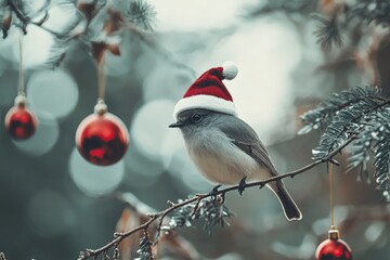 A delightful bird sits on a snow-dusted branch, adorned in a red Santa hat, surrounded by festive red baubles, embodying the joy and wonder of the holiday season.