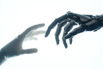 Aufkleber - Two robotic hands are depicted almost reaching each other in bright lighting, creating a sense of tension and intrigue, emphasizing technological advancements.