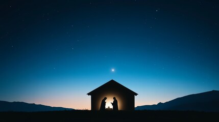 Poster - Peaceful nativity scene with Mary and Joseph by baby Jesus, glowing star in the sky casting a soft light over the stable 