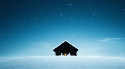 Wall Mural - Peaceful nativity scene under a starlit snowy sky, Holy Family in a snow-covered stable, gentle snowfall in the background 