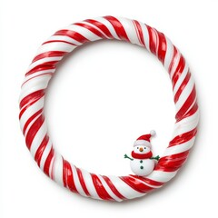 Wall Mural - Playful Christmas picture frame covered in candy cane stripes with a small snowman ornament attached isolated on white background 