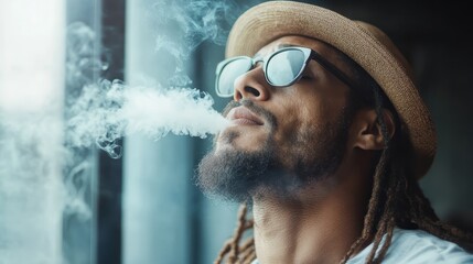 A stylish man with dreadlocks, wearing sunglasses and a hat, exhales smoke while standing by a window, giving a sense of relaxation and modern urban lifestyle.