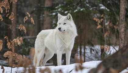  A majestic white wolf standing amidst a snowy forest