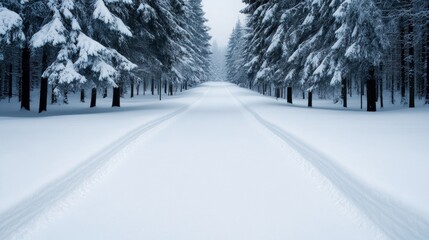 Sticker - Quiet winter forest with snow-laden branches and a clear path winding through untouched snow 