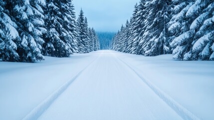 Poster - Quiet winter forest with snow-laden branches and a clear path winding through untouched snow 