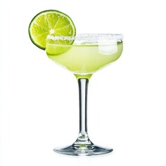 Poster - Refreshing margarita cocktail in a salt-rimmed glass with a lime wedge isolated on white background 