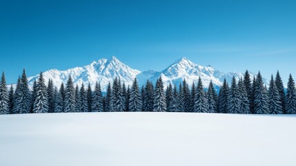 Poster - Serene winter landscape with distant snowy mountain range, clear skies, and snow-covered forest below 