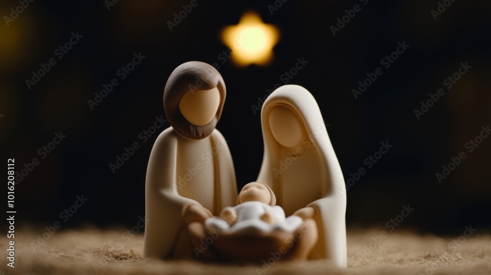 Simple nativity scene with Mary and Joseph gazing at baby Jesus in the ...