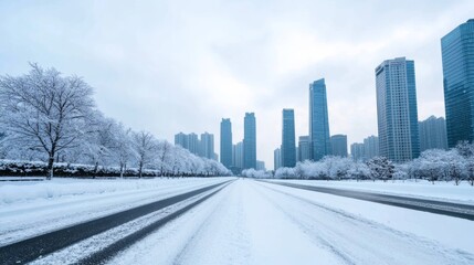 Wall Mural - Snow falling over a modern city skyline with frosted trees and icy streets under a cloudy winter sky 