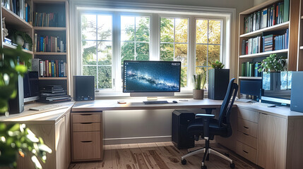 Home office, large L-shaped desk, two computers and monitors.