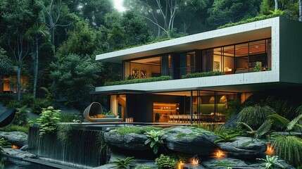 Leinwandbilder - A modern villa in forest.