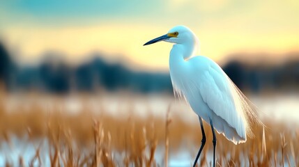 Poster - Snowy egret standing in a shallow frozen marsh, its white plumage blending seamlessly with the icy reeds, soft morning light illuminating the scene 