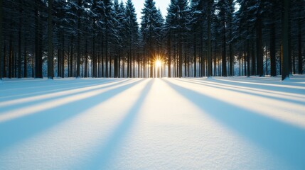 Sticker - Snowy forest clearing with tall pine trees and golden sunlight casting long shadows on the white snow 