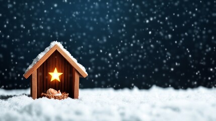 Poster - Snowy nativity scene with baby Jesus in the manger, glowing star illuminating the snow-covered stable and softly falling snow 