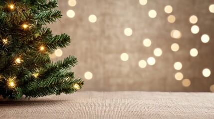 Poster - Sparkling Christmas tree with glowing lights, bokeh orbs illuminating a rustic textured canvas background in neutral tones 