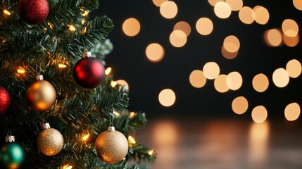 Poster - Sparkling Christmas tree with multicolor ornaments, blurred background with warm glowing light for holiday cheer 