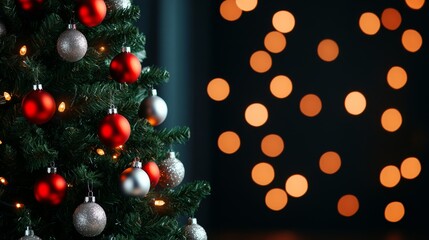 Poster - Sparkling Christmas tree with silver and red garlands, softly blurred warm background with glowing bokeh lights 