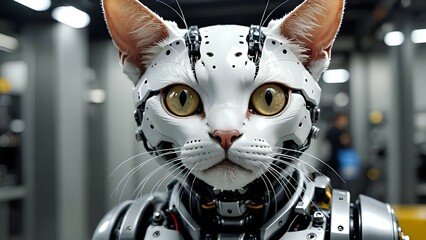 A white cat with large yellow eyes, wearing a metallic robot head and body. Generative AI