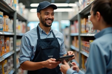 Young smiling man is a uniformed salesman helps the buyer in a supermarket next to shelves with goods