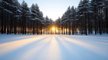 Wall Mural - Sunlit winter forest with snow-covered branches and a soft blue sky peeking through the tall trees 